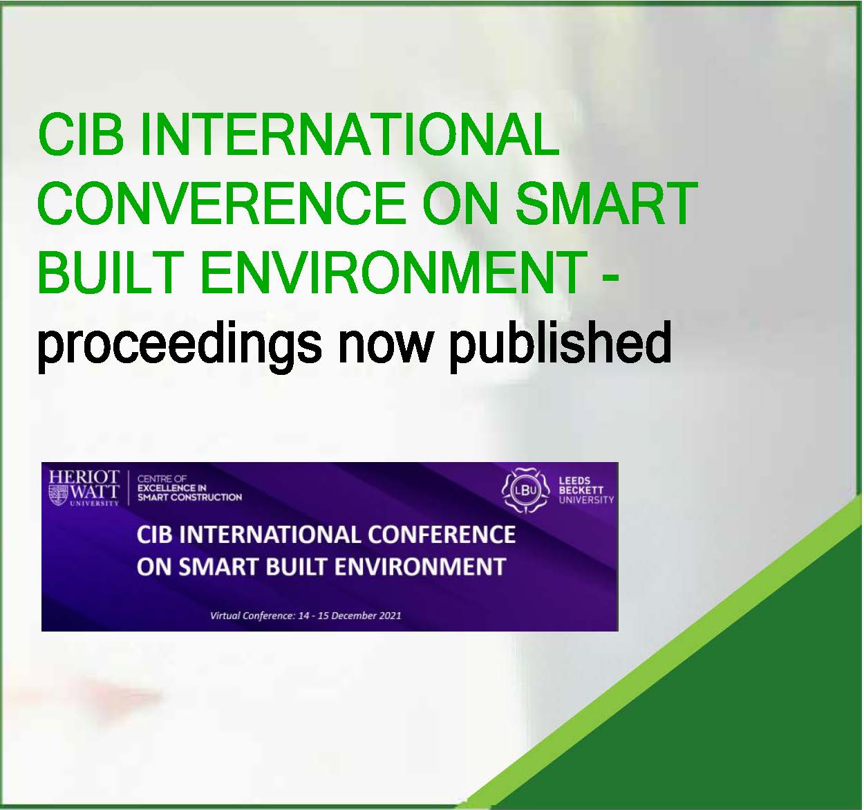 CIB International Conference on Smart Built Environment 14-15 December 2021 – proceedings now published